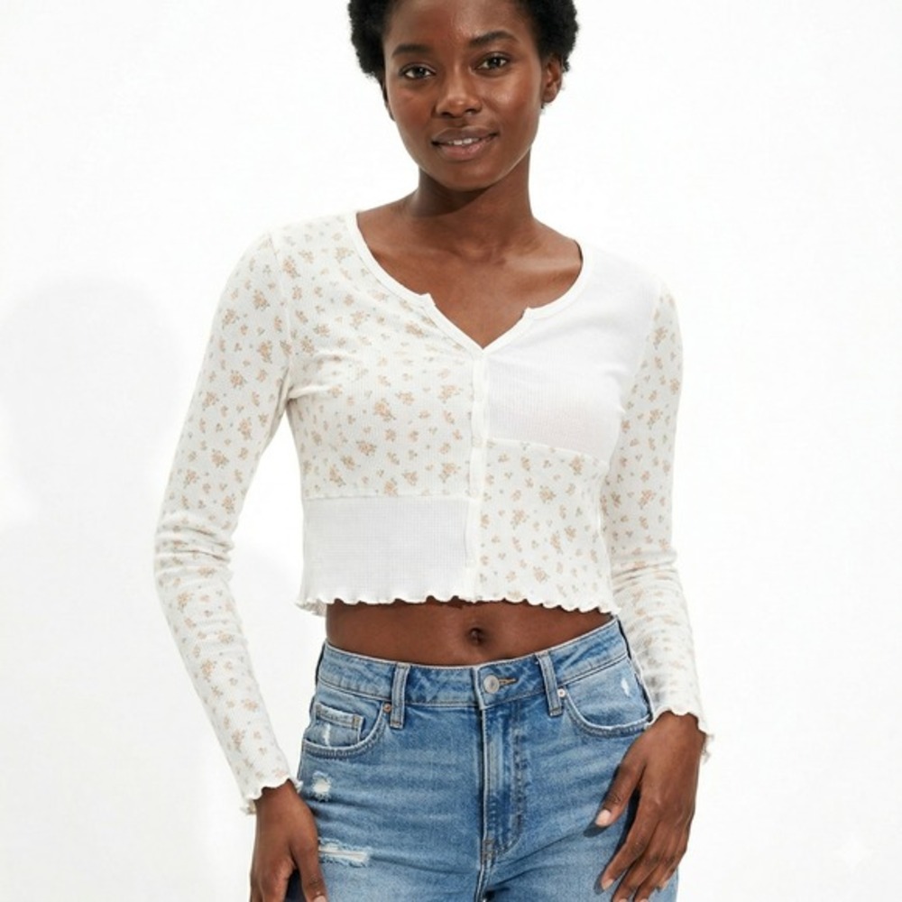 American‎ Eagle Patchwork Floral Waffle Knit Crop Top White Cottagecore Size M